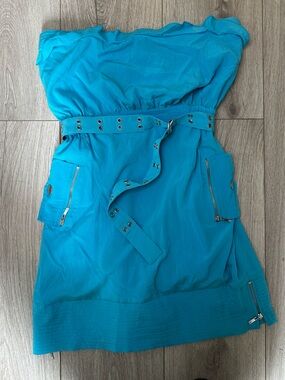 bebe silk Turquoise Strapless Dress with Grommet Belt